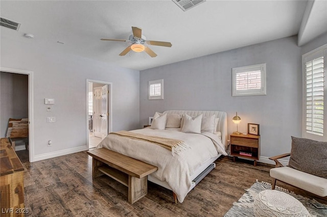 11342 Early Sun Ct, Las Vegas, NV 89135 - bedroom with ceiling fan, baseboards, dark wood finished floors, and visible vents