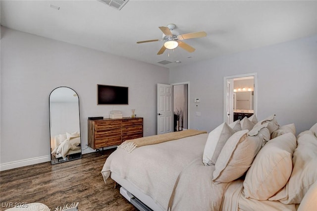 11342 Early Sun Ct, Las Vegas, NV 89135 - bedroom with visible vents, baseboards, a ceiling fan, ensuite bath, and wood finished floors