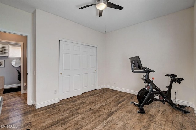 11342 Early Sun Ct, Las Vegas, NV 89135 - workout area with baseboards, wood finished floors, and ceiling fan