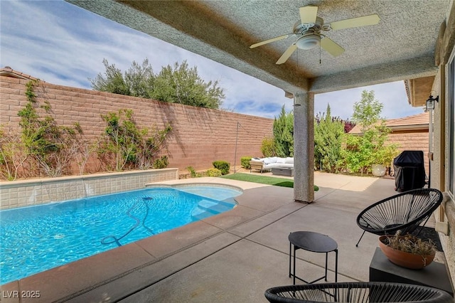 11342 Early Sun Ct, Las Vegas, NV 89135 - view of swimming pool featuring outdoor lounge area, a fenced backyard, a ceiling fan, a patio, and a fenced in pool