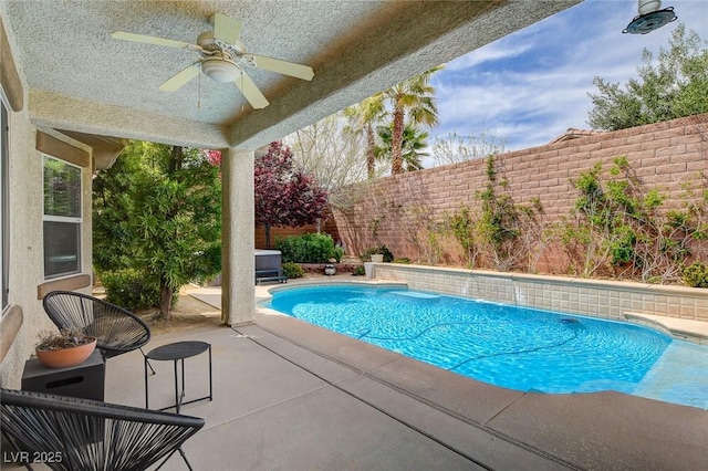 11342 Early Sun Ct, Las Vegas, NV 89135 - view of pool featuring a fenced in pool, a patio, a fenced backyard, and ceiling fan