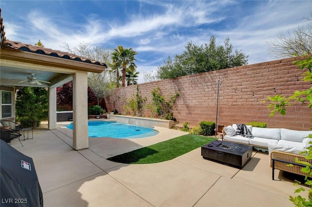 11342 Early Sun Ct, Las Vegas, NV 89135 - view of pool with an outdoor living space with a fire pit, a fenced backyard, a fenced in pool, and a patio area