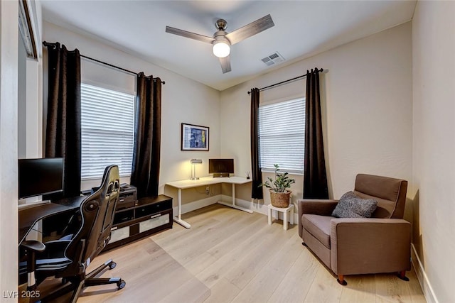 93 Reverie Heights Ave, Henderson, NV 89011 - home office featuring light wood finished floors, ceiling fan, baseboards, and visible vents