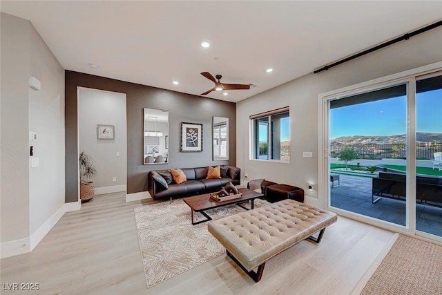 93 Reverie Heights Ave, Henderson, NV 89011 - living room with baseboards, recessed lighting, light wood-type flooring, and a ceiling fan