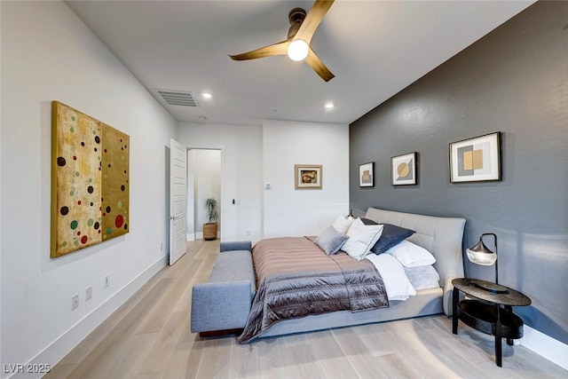 93 Reverie Heights Ave, Henderson, NV 89011 - bedroom with baseboards, recessed lighting, visible vents, ceiling fan, and wood finished floors