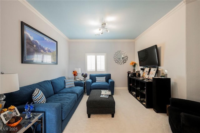 living room featuring carpet floors and ornamental molding