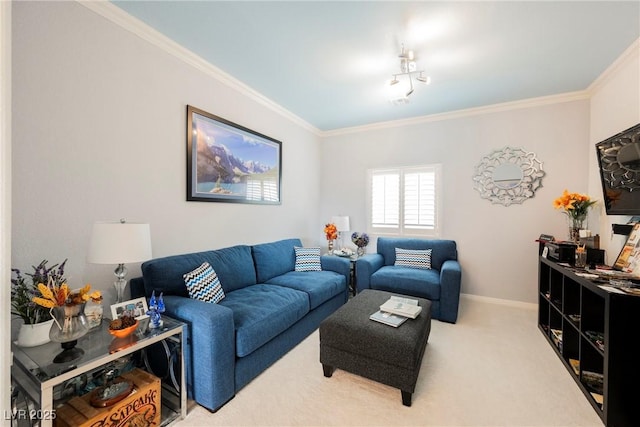 living area with baseboards, light colored carpet, and ornamental molding