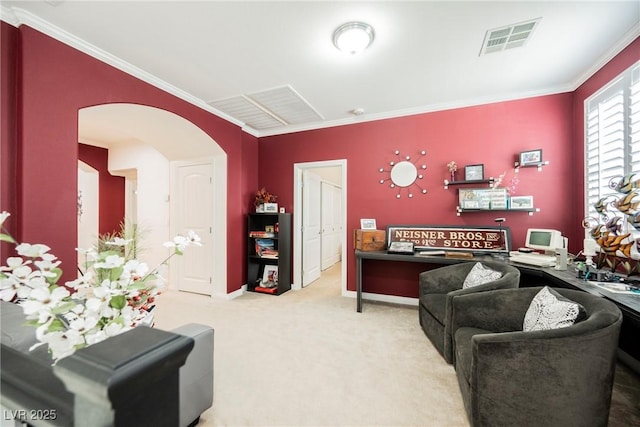 interior space with arched walkways, visible vents, carpet, and crown molding