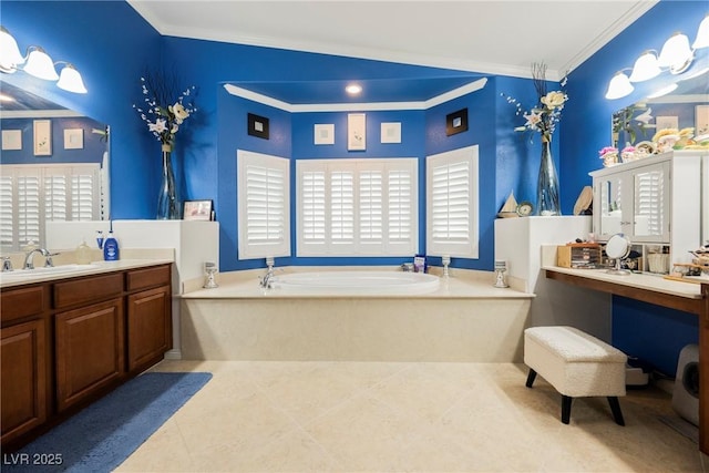 bathroom with a bath, vanity, tile patterned flooring, and crown molding