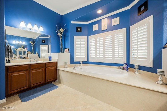 full bathroom with a bath, crown molding, tile patterned flooring, and vanity