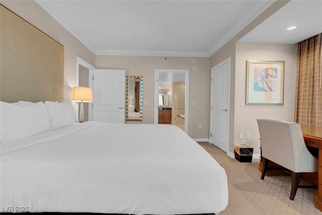 125 E Harmon Ave Unit 2220, Las Vegas, NV 89109 - bedroom featuring light colored carpet, crown molding, ensuite bath, and baseboards
