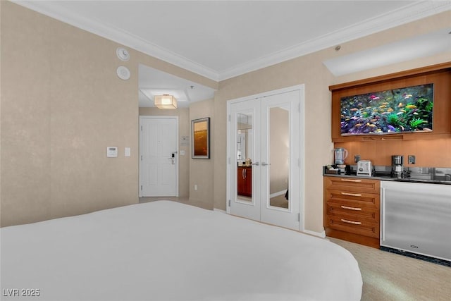 145 E Harmon Ave Unit 2411, Las Vegas, NV 89109 - carpeted bedroom with french doors, stainless steel fridge, and ornamental molding