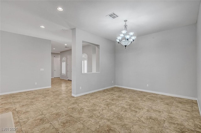 unfurnished room featuring visible vents, light tile patterned floors, baseboards, an inviting chandelier, and recessed lighting