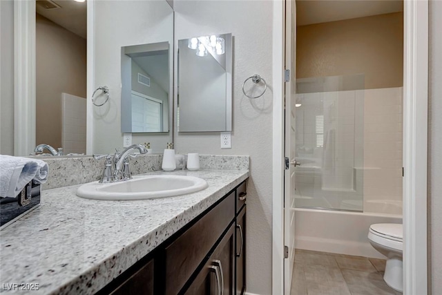 full bathroom featuring toilet, vanity, shower / bathing tub combination, and visible vents