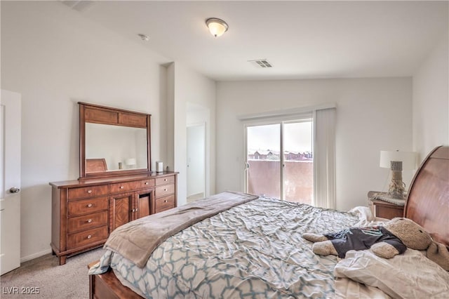 bedroom with visible vents, access to outside, and light carpet