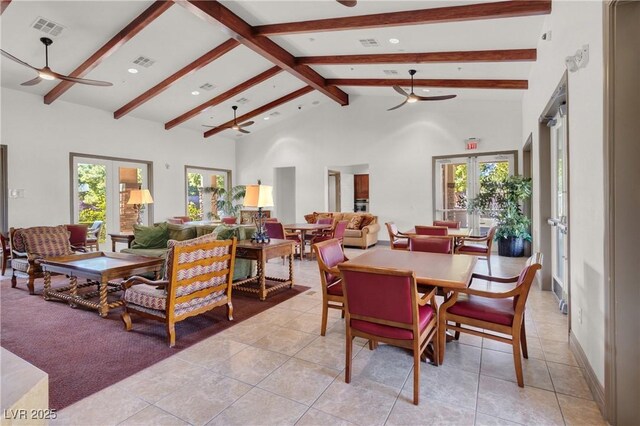 7806 Sundial Peak St, Las Vegas, NV 89166 - dining room with ceiling fan, beam ceiling, recessed lighting, light tile patterned flooring, and high vaulted ceiling