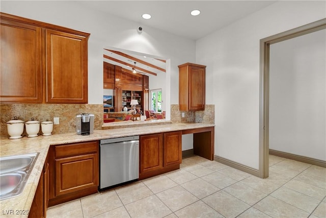 7806 Sundial Peak St, Las Vegas, NV 89166 - kitchen featuring stainless steel dishwasher, decorative backsplash, brown cabinetry, beamed ceiling, and light countertops