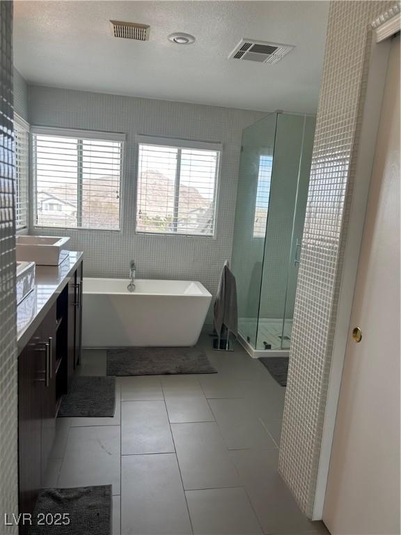 bathroom featuring a stall shower, vanity, visible vents, and a freestanding bath