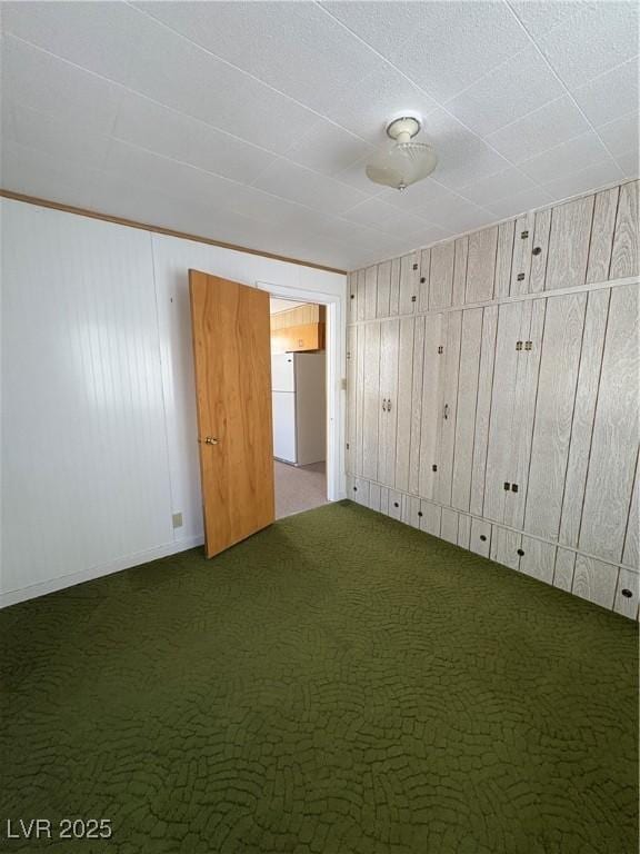 unfurnished room with wood walls and carpet flooring