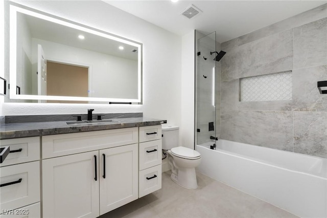 bathroom with visible vents, toilet, shower / bathing tub combination, recessed lighting, and vanity