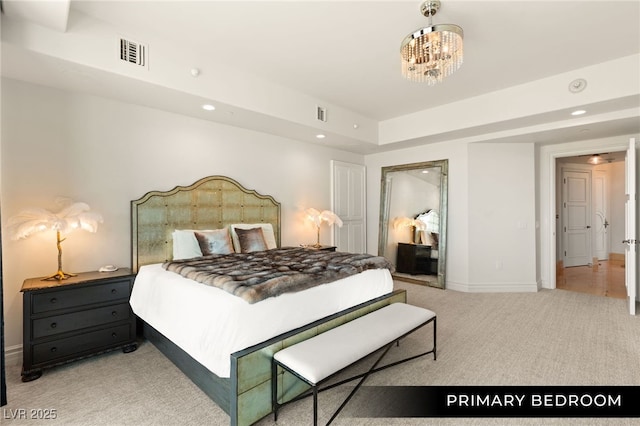 bedroom with visible vents, baseboards, a notable chandelier, recessed lighting, and light colored carpet