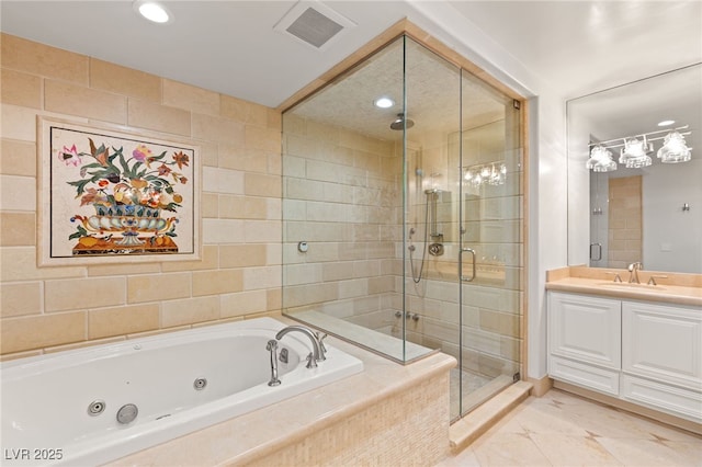 full bath with vanity, visible vents, marble finish floor, a stall shower, and a jetted tub