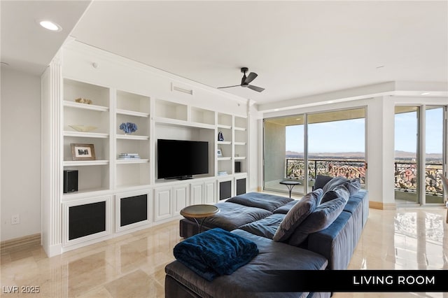 living area with baseboards, recessed lighting, visible vents, ceiling fan, and built in shelves