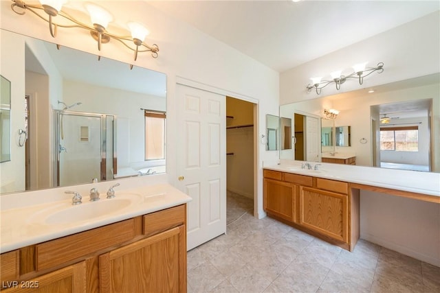 853 Ashford Way, Henderson, NV 89015 - bathroom with a sink, two vanities, a shower stall, and tile patterned flooring