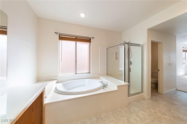 853 Ashford Way, Henderson, NV 89015 - full bath with a bath, toilet, vanity, tile patterned floors, and a stall shower