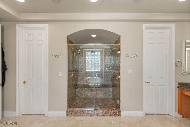 2285 Villefort Ct, Las Vegas, NV 89117 - full bathroom with baseboards, a shower stall, vanity, and recessed lighting
