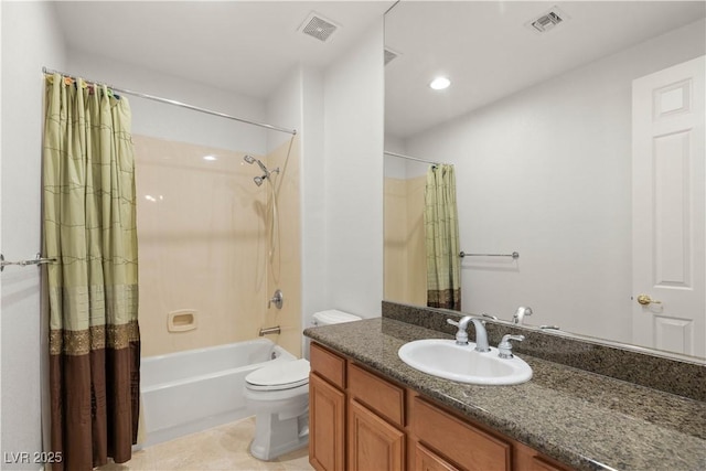 2285 Villefort Ct, Las Vegas, NV 89117 - bathroom with toilet, vanity, shower / bathtub combination with curtain, tile patterned flooring, and recessed lighting