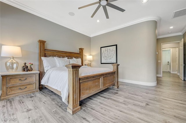 bedroom with light wood-style flooring, ornamental molding, visible vents, recessed lighting, and baseboards