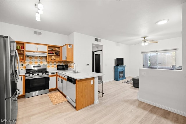 5751 Hacienda Ave Unit 135, Las Vegas, NV 89122 - kitchen with appliances with stainless steel finishes, under cabinet range hood, a sink, a peninsula, and open shelves