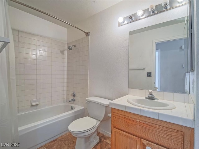 218 Pretty Sunset Ter, Henderson, NV 89015 - full bath featuring toilet, a textured wall, shower / bathtub combination with curtain, vanity, and tile patterned flooring