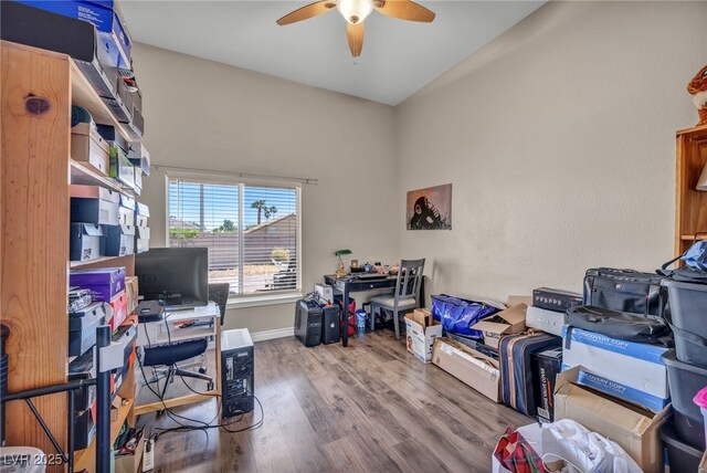 90 Ancient Hills Ln, Henderson, NV 89074 - office area with ceiling fan, wood finished floors, and baseboards