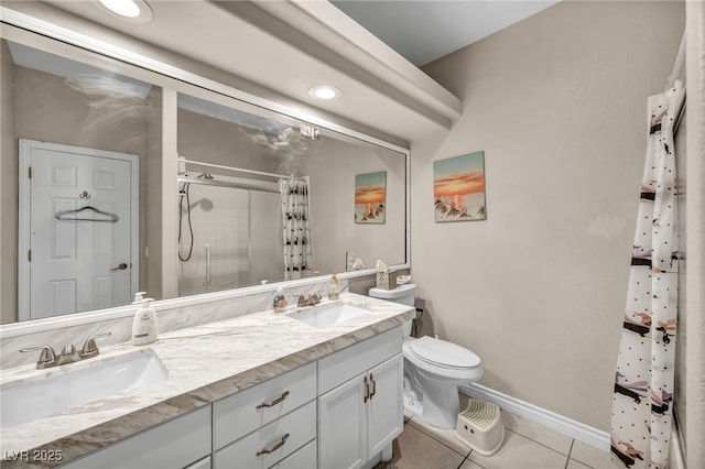 90 Ancient Hills Ln, Henderson, NV 89074 - full bath featuring a shower stall, tile patterned floors, toilet, baseboards, and double vanity