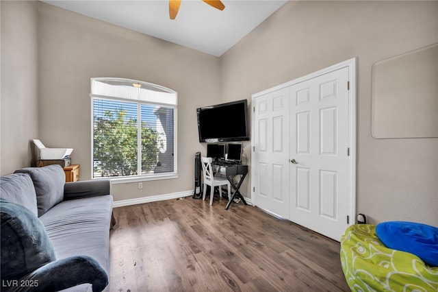 90 Ancient Hills Ln, Henderson, NV 89074 - office space with ceiling fan, wood finished floors, and baseboards