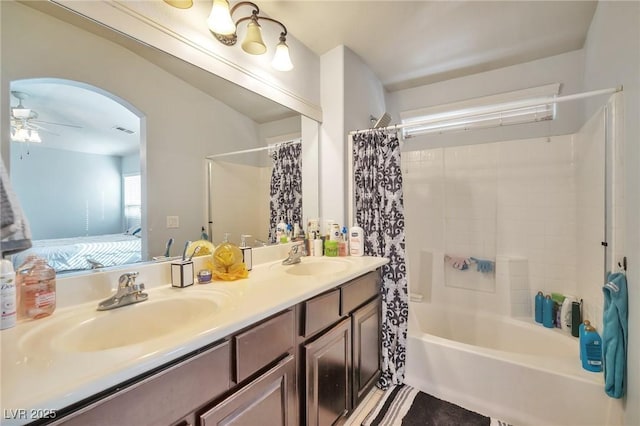 9383 Borough Park St, Las Vegas, NV 89178 - ensuite bathroom with shower / bath combination with curtain, ceiling fan, a sink, and visible vents