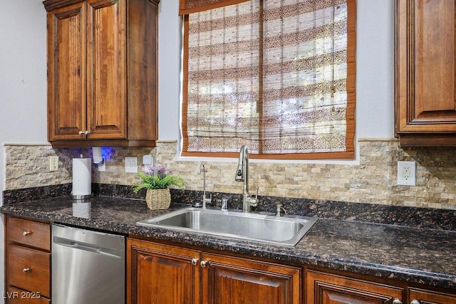 580 Via Di Parione Ct, Henderson, NV 89011 - kitchen featuring brown cabinets, decorative backsplash, a sink, and stainless steel dishwasher