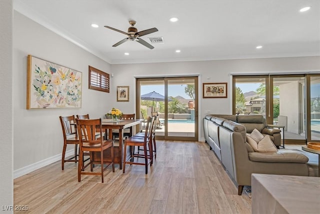 dining room featuring visible vents, ceiling fan, recessed lighting, and light wood finished floors