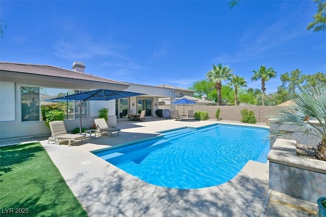 view of pool with a fenced in pool, a patio, and a fenced backyard