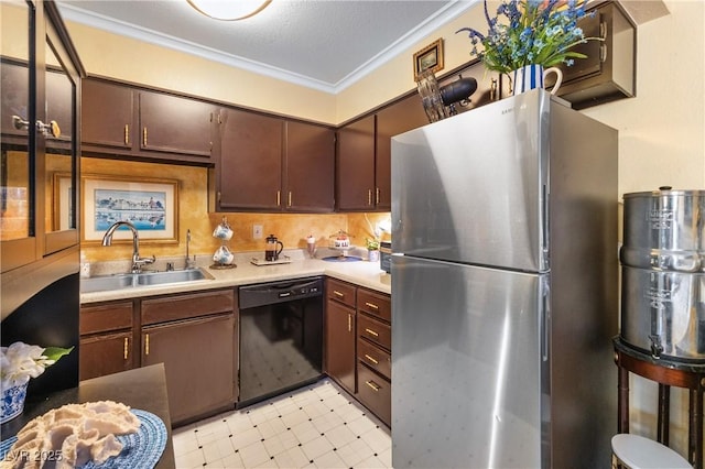 3151 Soaring Gulls Dr Unit 2035, Las Vegas, NV 89128 - kitchen featuring black dishwasher, freestanding refrigerator, a sink, ornamental molding, and light countertops
