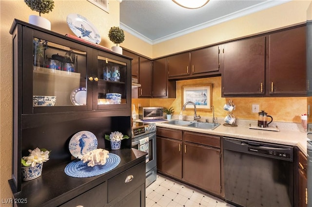 3151 Soaring Gulls Dr Unit 2035, Las Vegas, NV 89128 - kitchen featuring dishwasher, a sink, stainless steel electric range oven, crown molding, and light countertops
