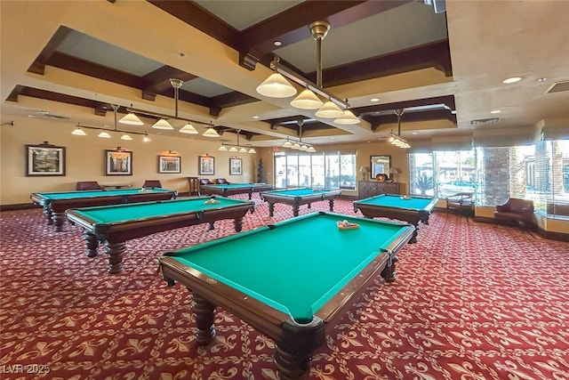 1045 Via Camelia St, Henderson, NV 89011 - playroom featuring pool table, baseboards, carpet floors, visible vents, and coffered ceiling