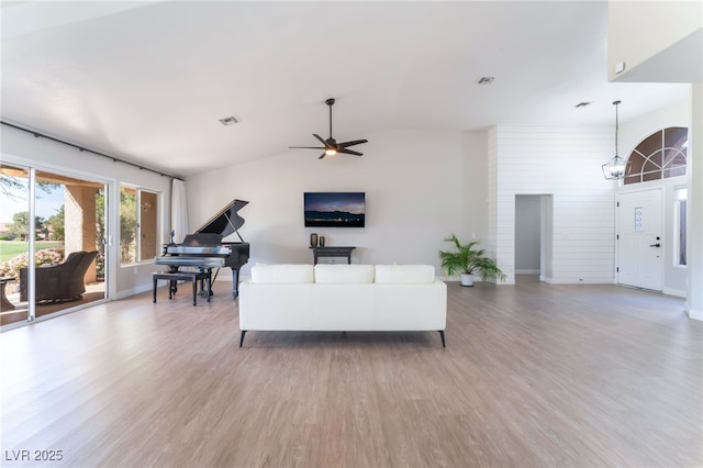 2725 Showcase Dr, Las Vegas, NV 89134 - living area featuring visible vents, a ceiling fan, and light wood-style flooring