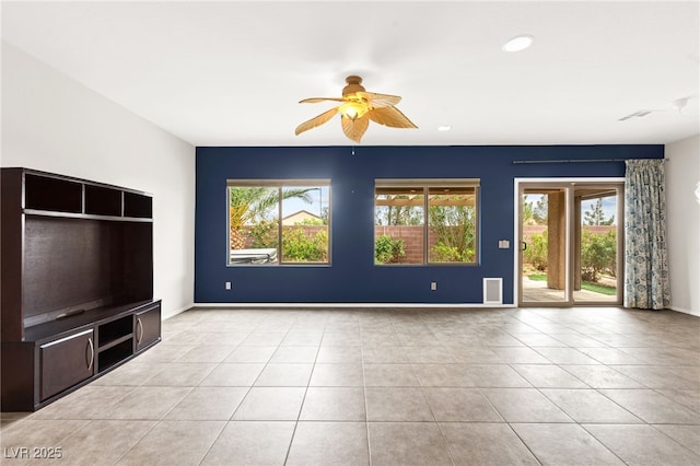 3528 Tack St, Las Vegas, NV 89122 - unfurnished living room featuring baseboards, recessed lighting, a ceiling fan, light tile patterned flooring, and visible vents