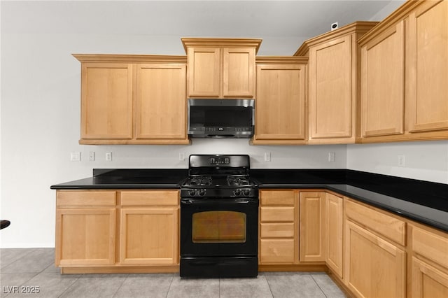 3528 Tack St, Las Vegas, NV 89122 - kitchen featuring dark countertops, light tile patterned floors, light brown cabinetry, and black gas range oven