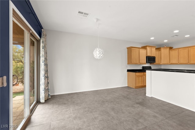 3528 Tack St, Las Vegas, NV 89122 - kitchen with black microwave, recessed lighting, light tile patterned floors, dark countertops, and hanging light fixtures