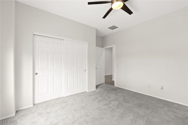 3528 Tack St, Las Vegas, NV 89122 - unfurnished bedroom featuring visible vents, baseboards, a closet, ceiling fan, and carpet flooring