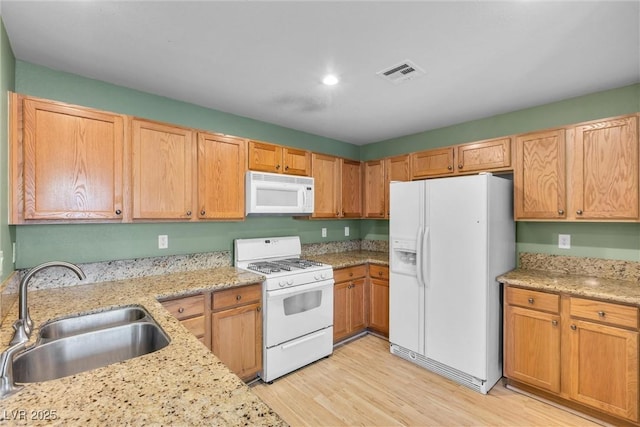 kitchen featuring a sink, visible vents, white appliances, and light wood-style floors